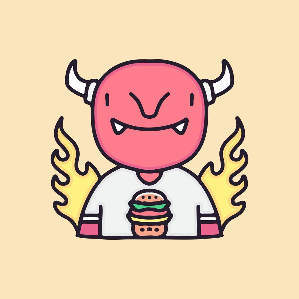 diable rouge rétro avec dessin animé burger et feu, illustration pour autocollants et t-shirt. vecteur