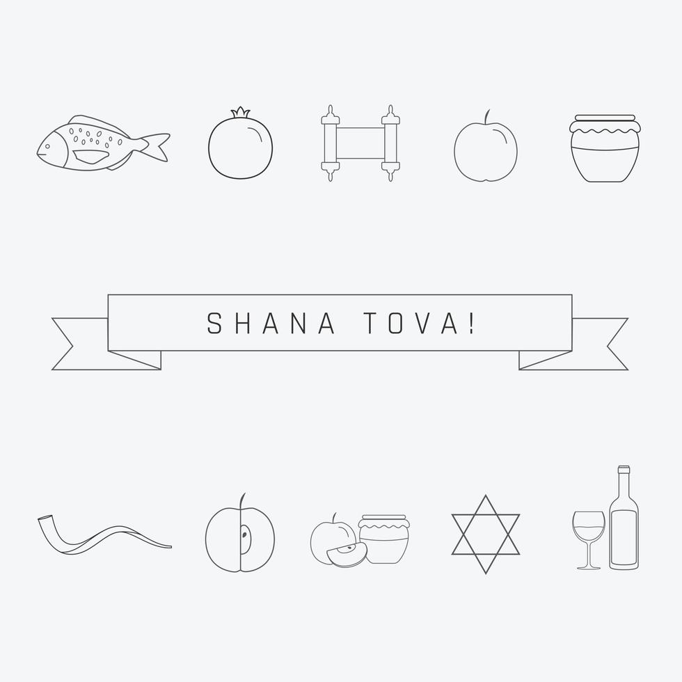 rosh hashanah vacances design plat icônes de ligne mince noir sertie de texte en anglais vecteur