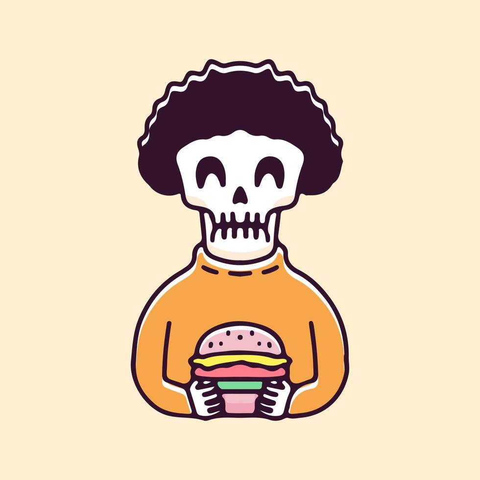 crâne afro tenant une illustration de hamburger. graphiques vectoriels pour les impressions de t-shirts et autres utilisations. vecteur