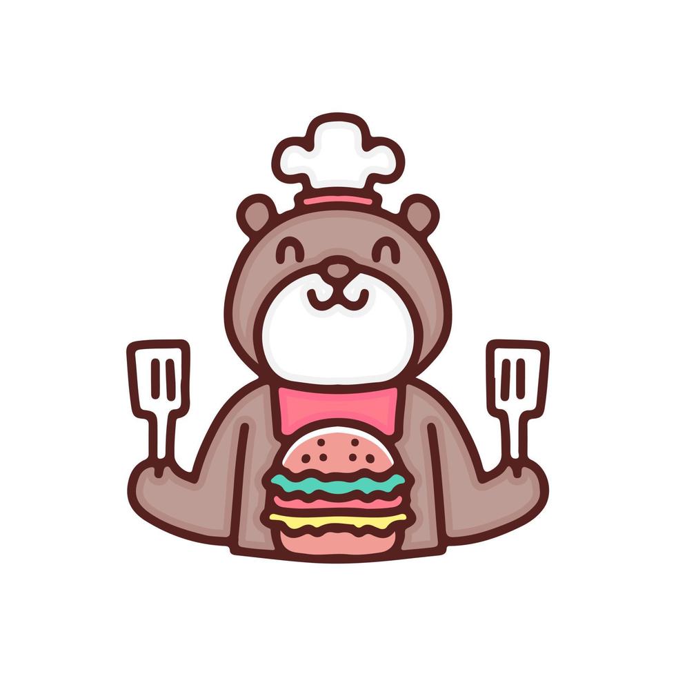adorable chef ours avec spatule et illustration de hamburger. graphiques vectoriels pour les impressions de t-shirts et autres utilisations. vecteur