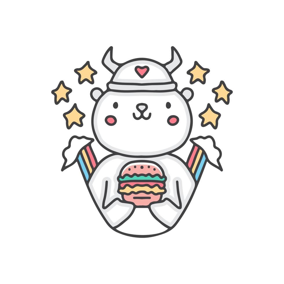 ours blanc viking mignon avec dessin animé hamburger, illustration pour autocollants et t-shirt. vecteur