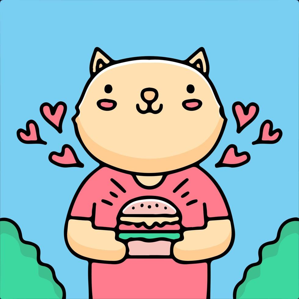 chat mignon tenant une illustration de hamburger. graphiques de dessins animés pour les imprimés de t-shirts et d'autres utilisations. vecteur