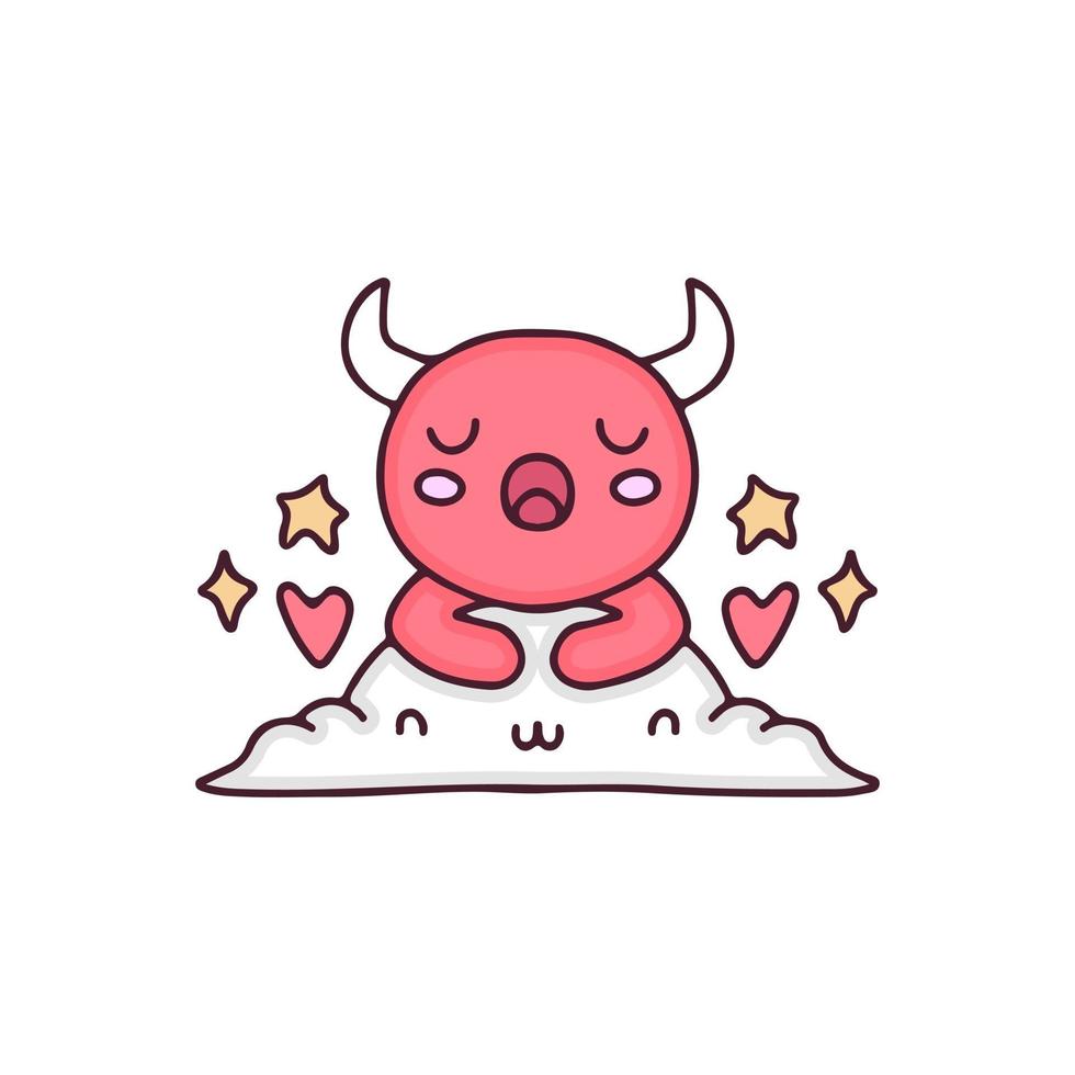 Dessin animé kawaii diable rouge dormir sur le nuage. parfait pour les enfants de la crèche, carte de voeux, fille de douche de bébé, conception de tissu. vecteur