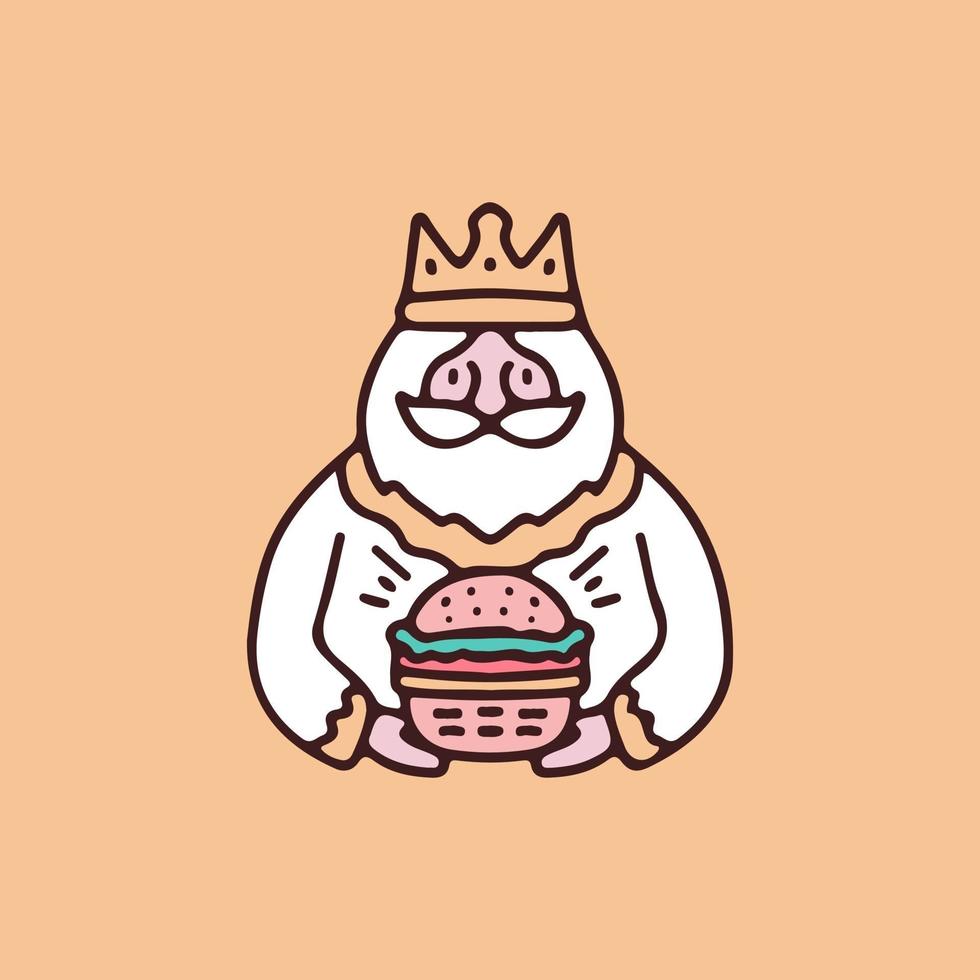 vieil homme roi avec dessin animé hamburger. illustration pour t-shirt, affiche, logo, autocollant ou marchandise de vêtements. vecteur