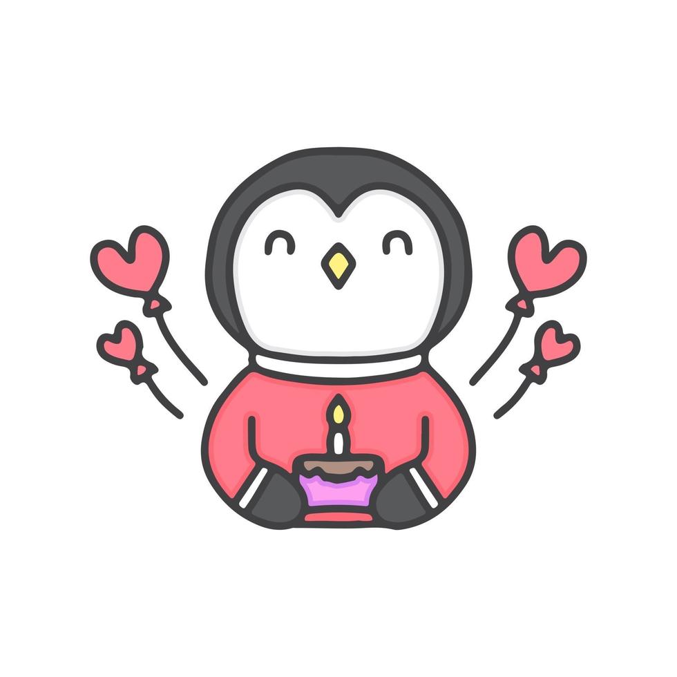 mignon petit pingouin avec dessin animé de gâteau d'anniversaire, illustration pour autocollants et t-shirt. vecteur