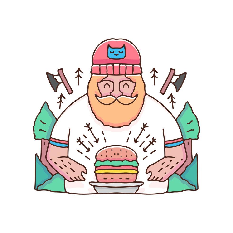 bûcheron barbu avec illustration de hamburger. graphiques vectoriels pour les impressions de t-shirts et autres utilisations. vecteur