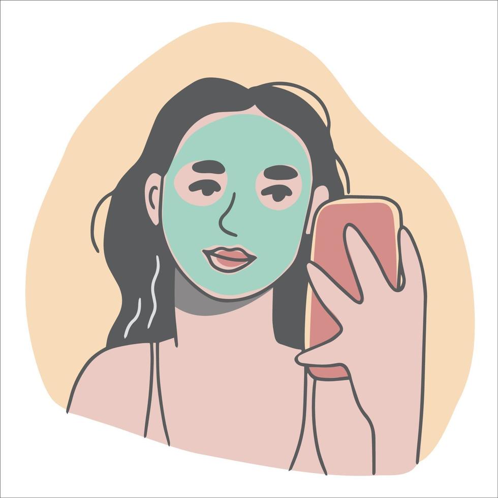 femme avec un masque cosmétique sur son visage prenant un selfie. illustration vectorielle dessinés à la main vecteur