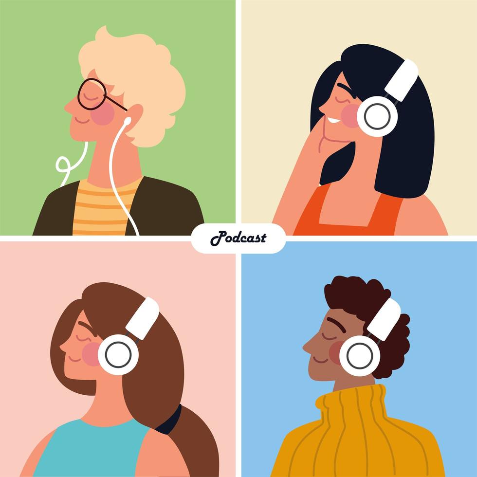 podcast de personnes avec des écouteurs vecteur