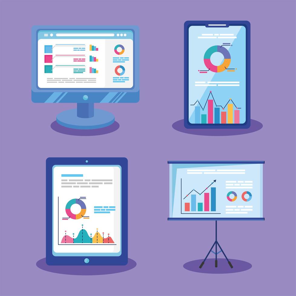 graphiques analytiques quatre icônes vecteur