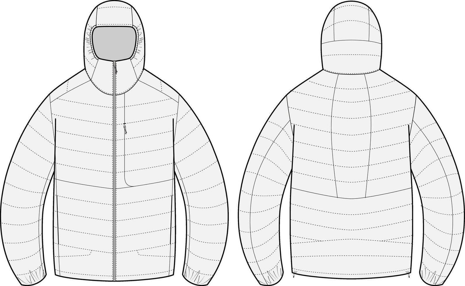 longue manche nylon encapuchonné puffer veste conception vecteur modèle avec de face et retour voir, unisexe hiver veste