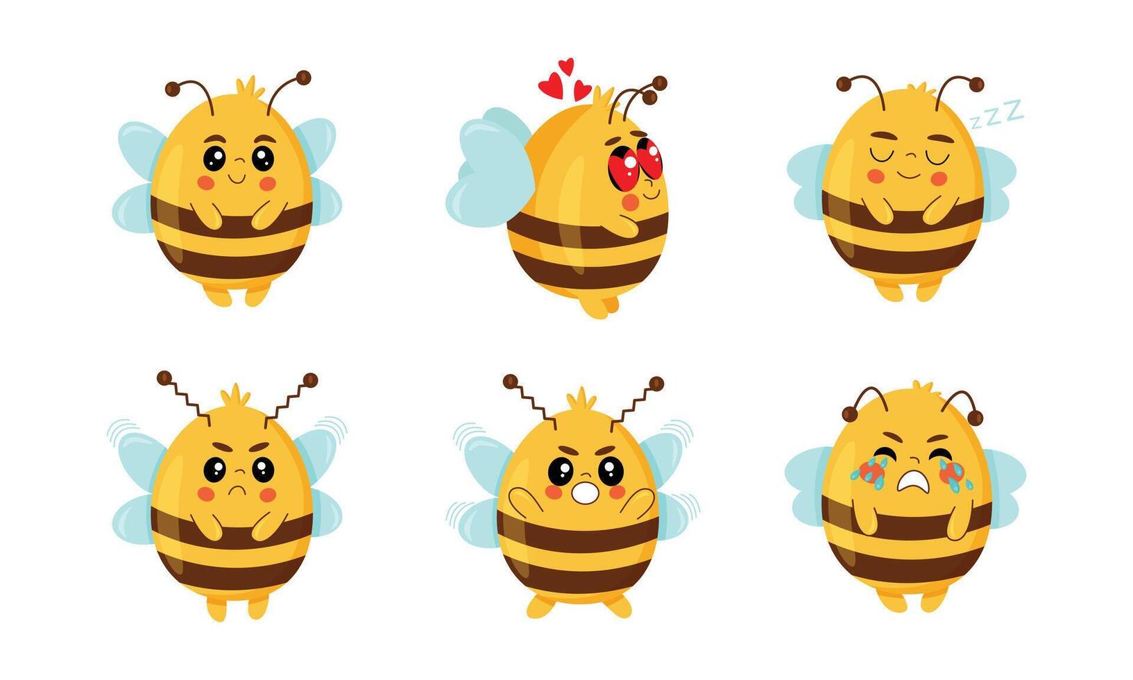 mignonne abeille ensemble. une plat dessin animé conception avec une ensemble de mignonne les abeilles dans divers expressions. vecteur