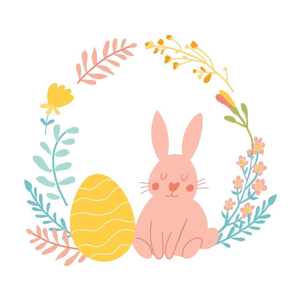 Pâques carte avec mignonne lapin, Oeuf et fleurs couronne. vecteur
