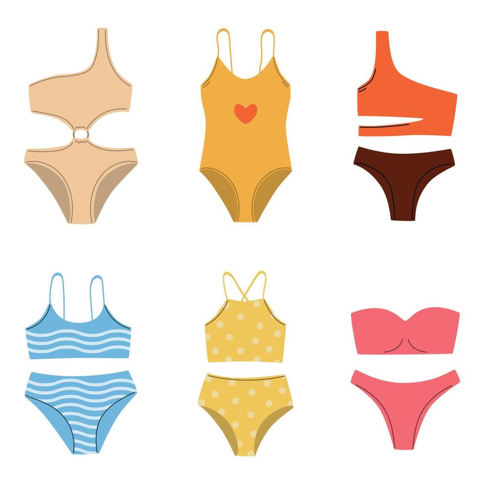 maillots de bain ensemble pour femmes, à la mode et élégant maillots de bain, été accessoire, coloré plat style maillots de bain vecteur