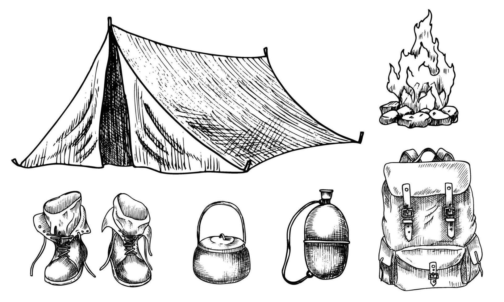 camping équipement - tente, feu, sac à dos, ballon et bottes. vecteur illustration de objets pour randonnée et en voyageant dans une forêt peint par noir encres dans linéaire style. gravure avec aventure éléments