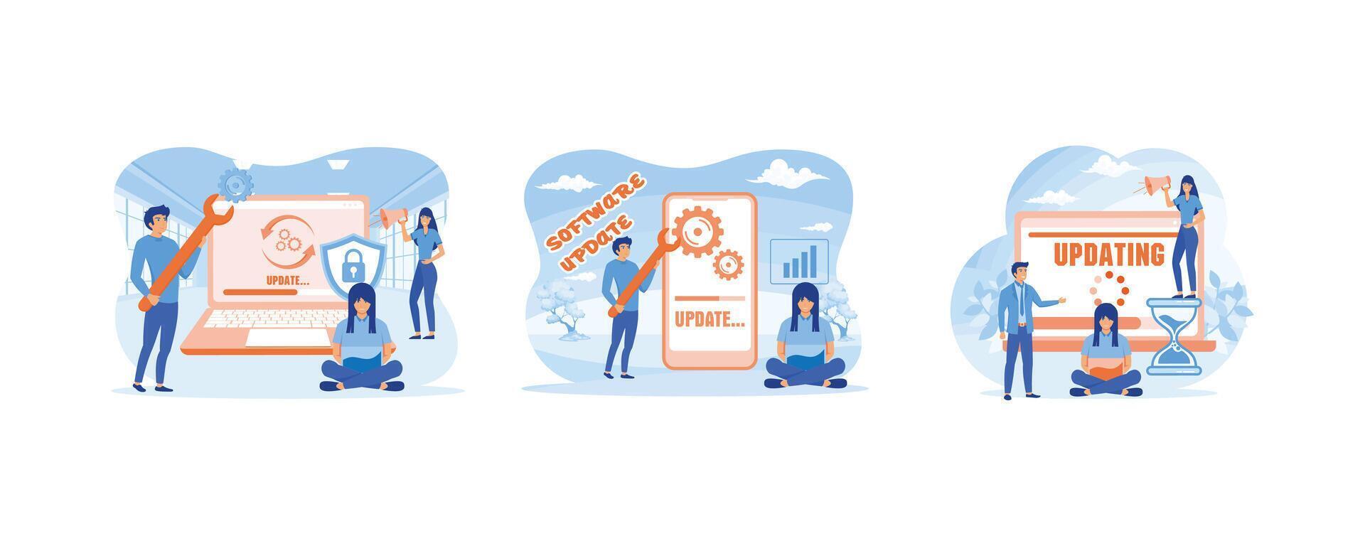 Logiciel mise à jour gens pour mobile app conception. Logiciel mise à jour concept, pouvez être utilisé pour atterrissage page. Logiciel mise à jour ou en fonctionnement système. ensemble plat vecteur moderne illustration