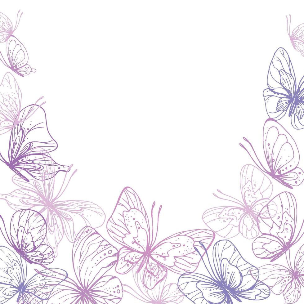 papillons sont rose, bleu, lilas, en volant, délicat ligne art. graphique illustration main tiré dans rose, lilas encrer. carré cadre, modèle eps vecteur. vecteur