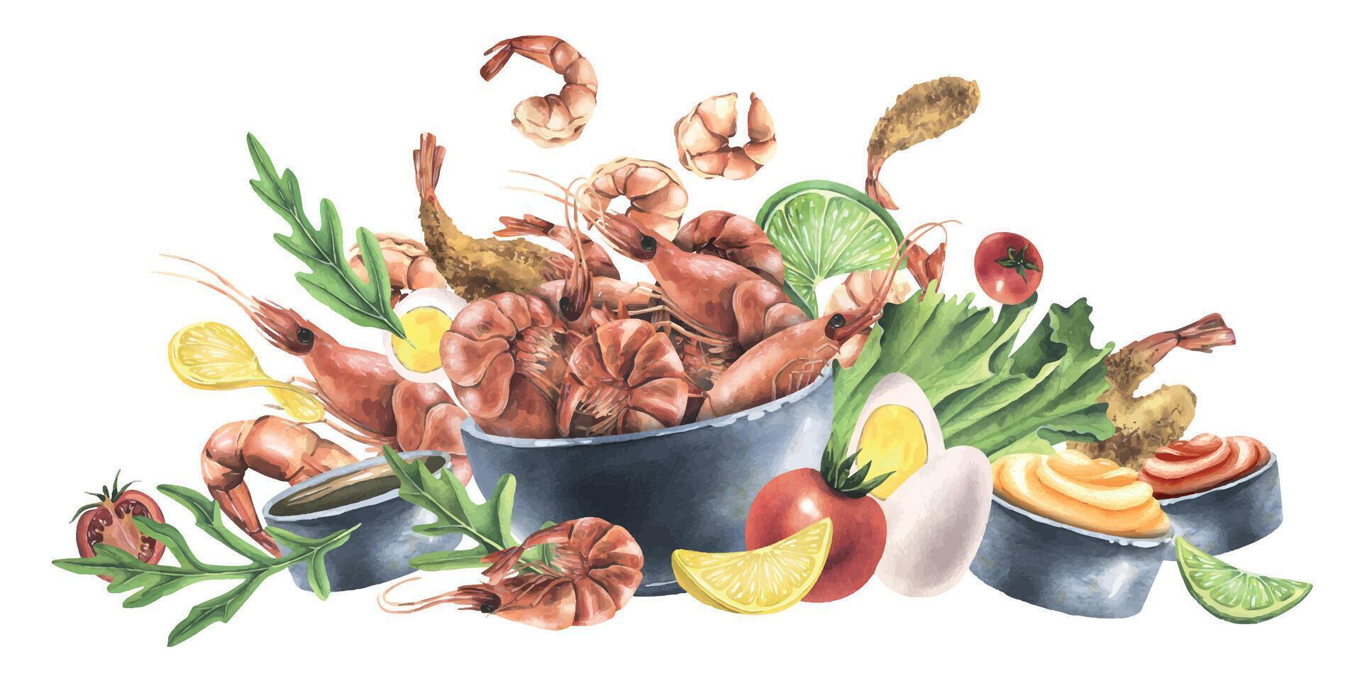 crevettes bouilli, pelé, dans Battre, dans céramique vaisselle avec sauces et des légumes. aquarelle illustration, main dessiné. composition isolé sur blanc Contexte. pour restaurant, menu, recette, emballage. vecteur