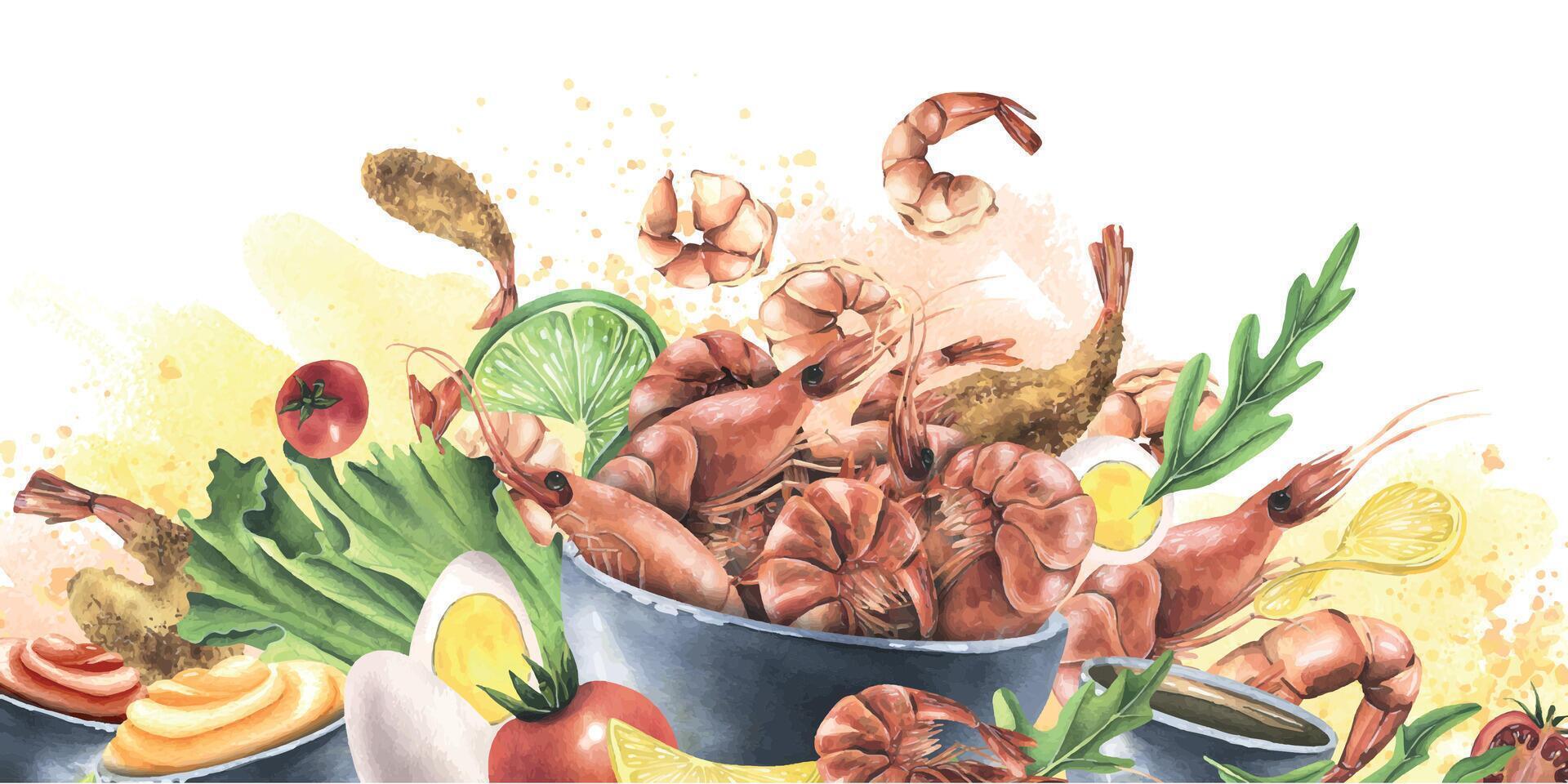 crevettes bouilli, pelé, dans Battre, dans céramique vaisselle avec sauces et des légumes. aquarelle illustration, main dessiné. modèle sur blanc Contexte. pour restaurant, menu, recette, emballage vecteur