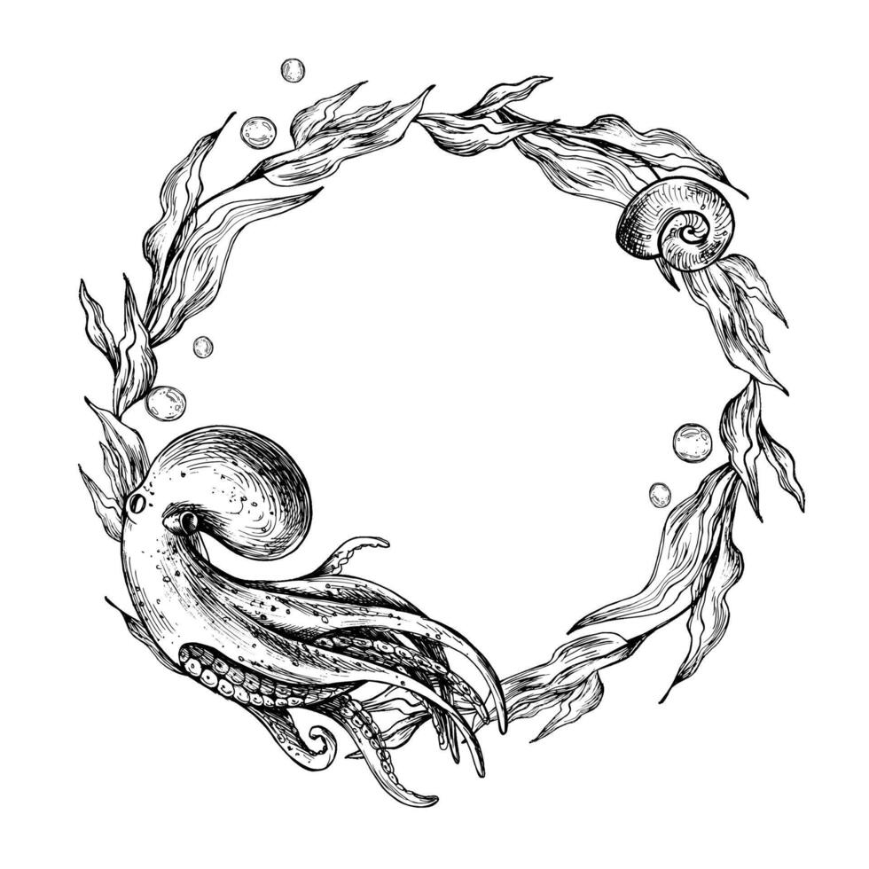 sous-marin monde clipart avec mer animaux pieuvre, méduse corail et algues. graphique illustration main tiré dans noir encrer. cercle couronne, Cadre eps vecteur. vecteur