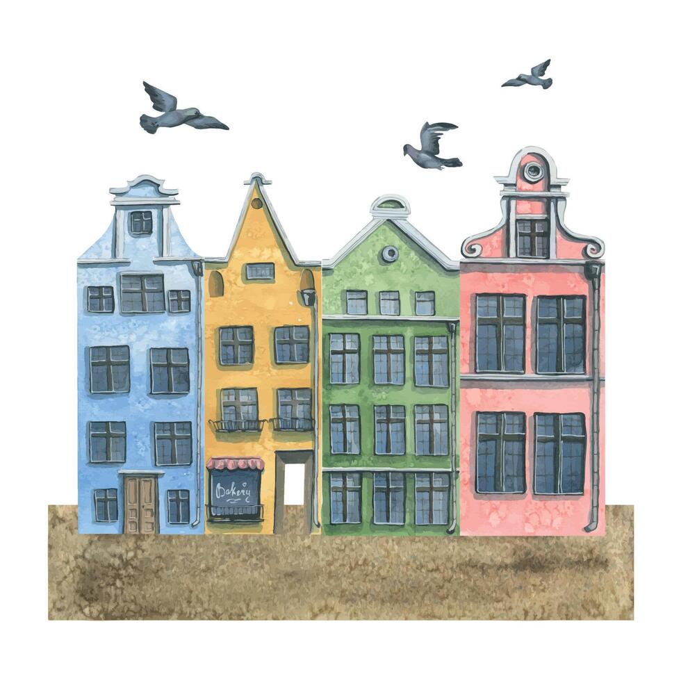 aquarelle illustration de une composition de mignonne vieux ville Maisons. européen multicolore Maisons, des ponts, dessin animé des arbres, rue lampe, pigeons, des nuages. pour le conception de cartes postales, affiches, bannières vecteur