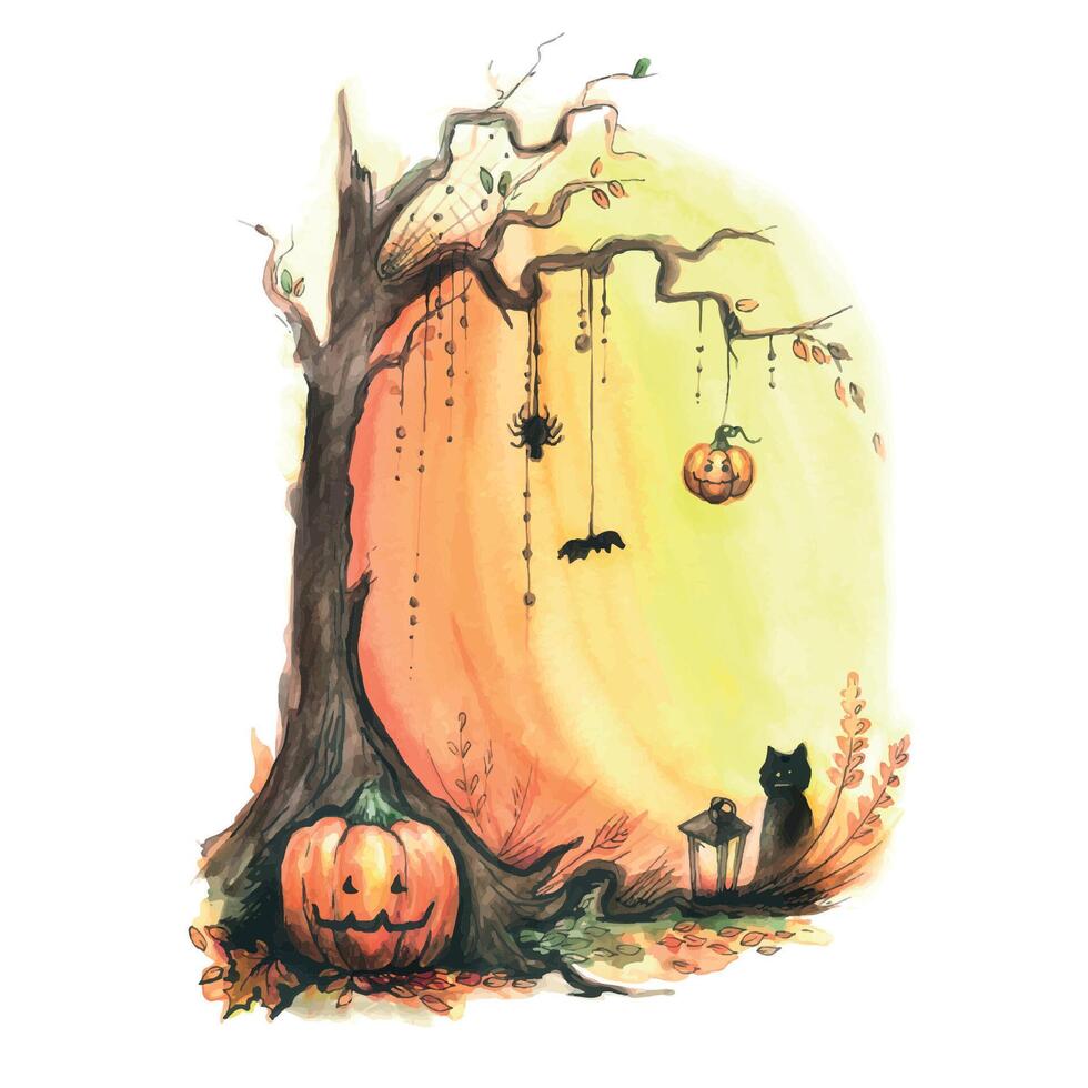 Halloween. une arbre avec citrouilles, une araignée, une araignée la toile et une chauve souris, une chat et une lampe de poche sur un Orange Contexte. aquarelle illustration. pour décoration, conception de cartes postales, affiches, souvenirs vecteur