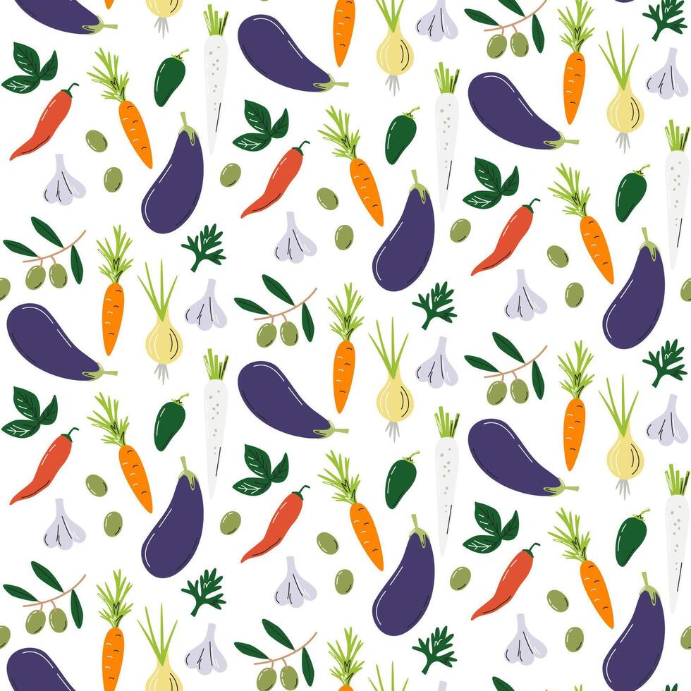 aubergine et des légumes isolé sur blanche. éco biologique sans couture modèle imprimer. local Les agriculteurs marché emballage papier concept conception. escabèche recette Ingrédients main tiré plat vecteur illustration