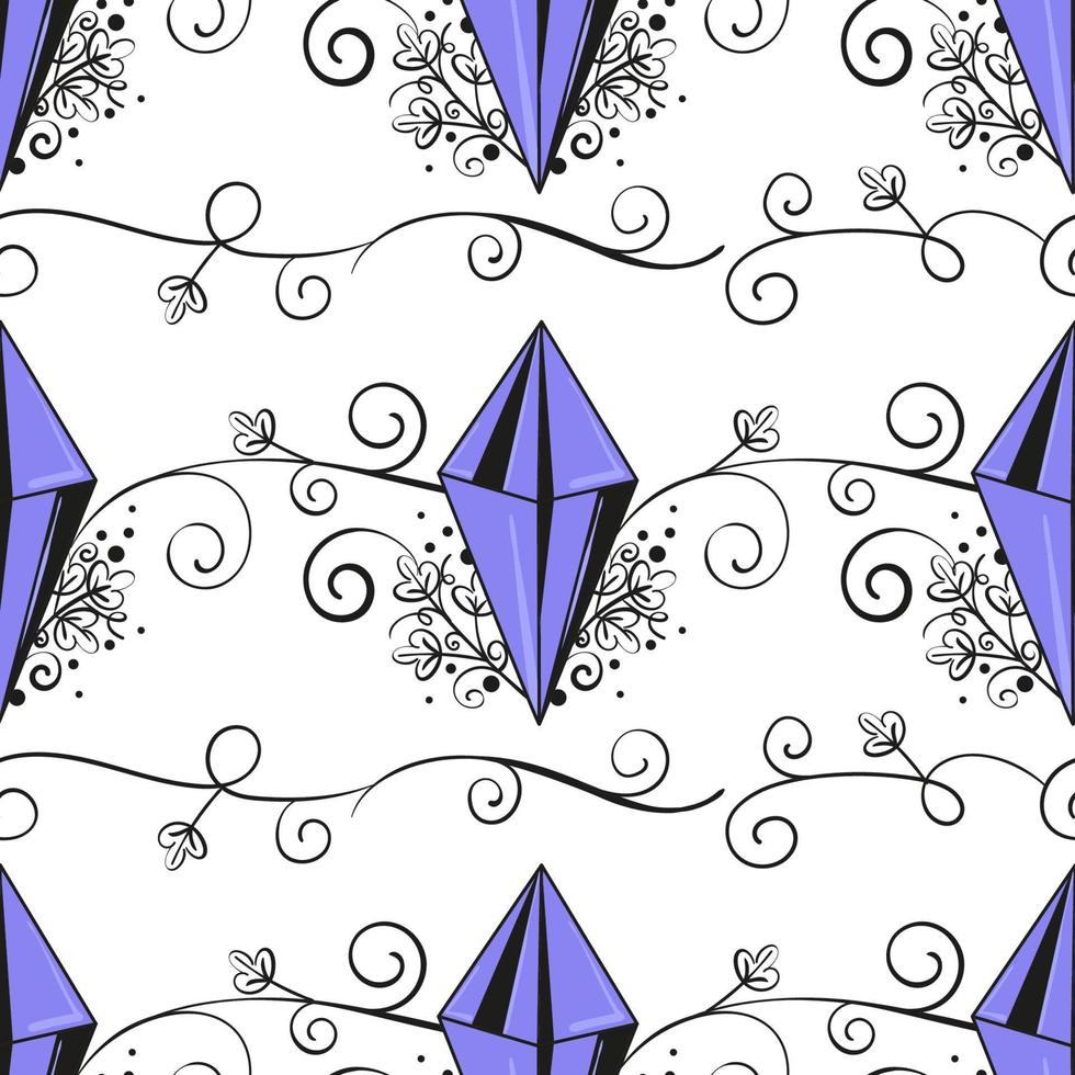 motif décoratif sans couture avec cristaux magiques violets et monogrammes noirs. fond de vecteur plat