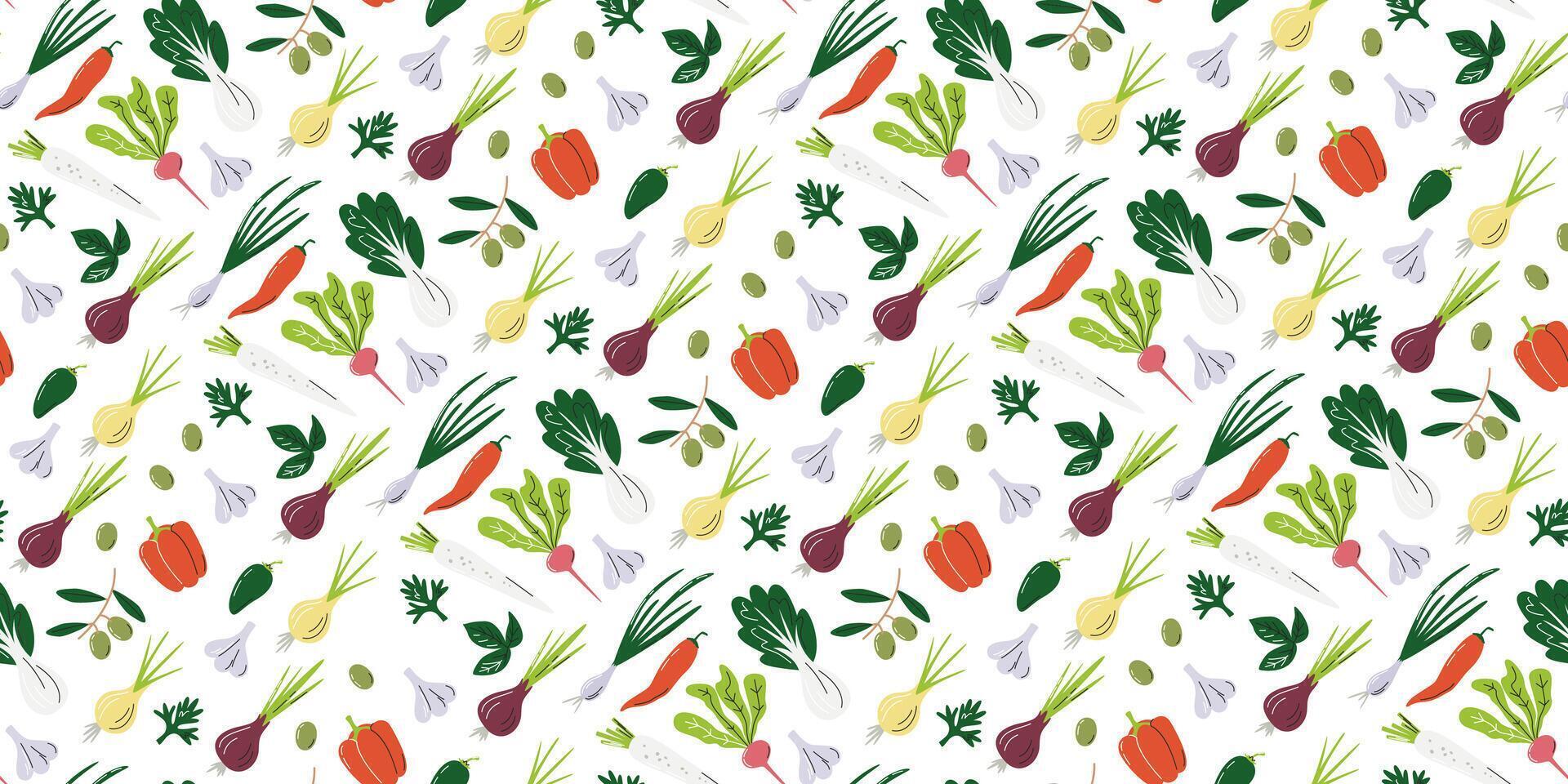 sans couture modèle avec oignon bok choy, un radis et Ail. biologique légume impression conception isolé sur blanche. local Les agriculteurs marché produit Contexte. pimenter légumes main tiré plat vecteur illustration