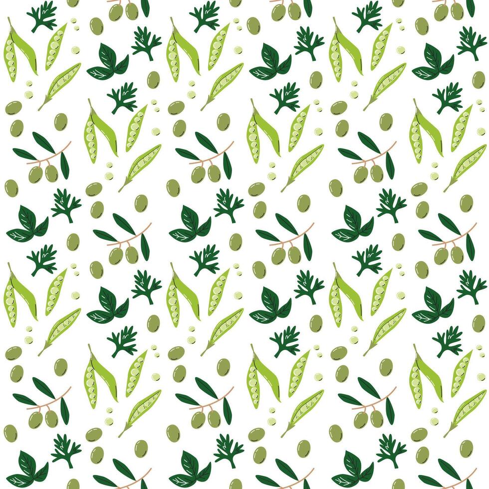 mignonne vert légume Contexte isolé sur blanche. local Les agriculteurs marché sans couture modèle. légumes concept conception. agriculture et biologique aliments. Olives et pois main tiré plat vecteur illustration