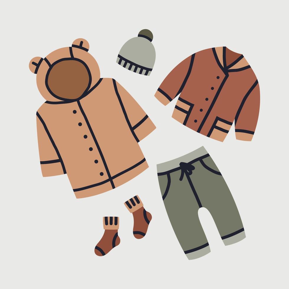 bébé hiver tenue. main tiré fille ou garçon moderne Vêtements tenue, nouveau née enfant habits plat vecteur illustration. griffonnage les enfants Vêtements