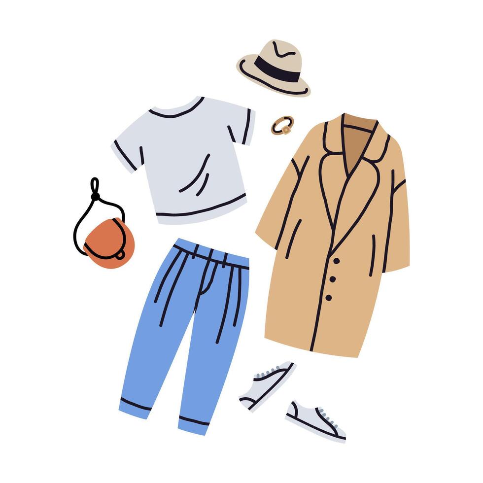 branché femelle Vêtements décontractée tenue. mode garde-robe élégant regarder, jeans, manteau, baskets et chapeau dessin animé vecteur illustration. branché décontractée habits