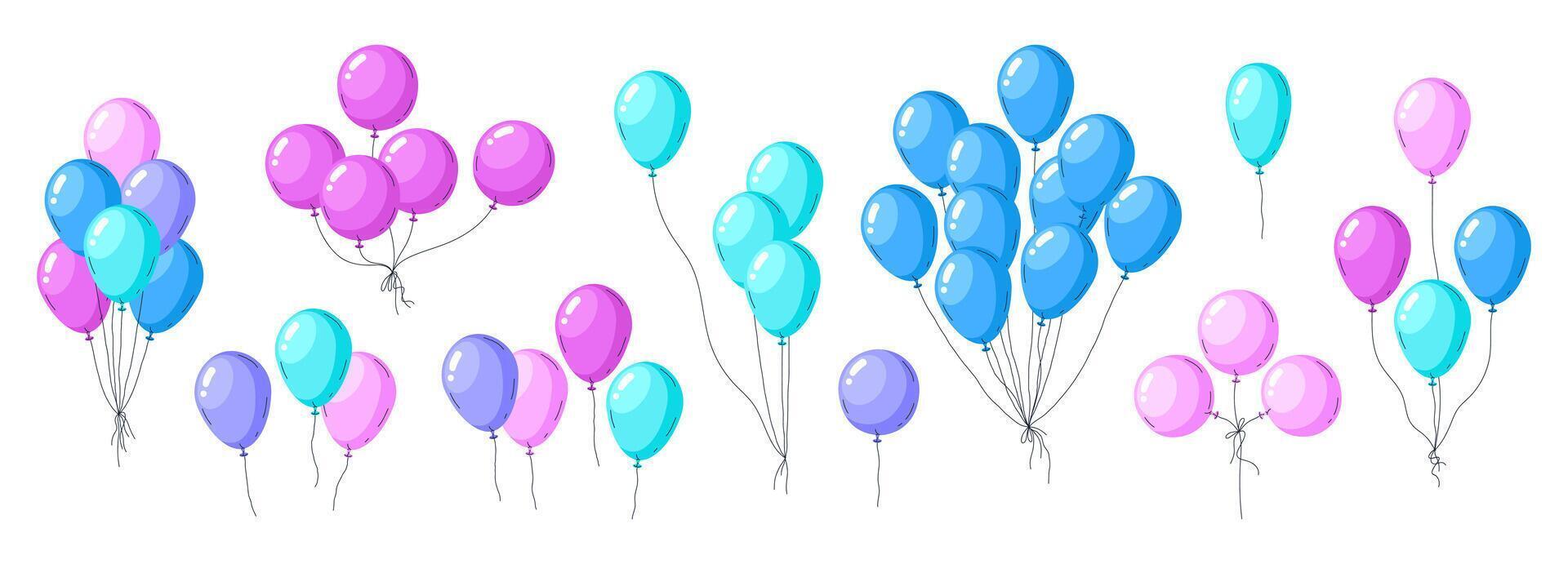 main tiré ballon bouquet. hélium des ballons content anniversaire décorations, air des ballons fête décor plat vecteur illustration. Jaune en volant brillant des ballons