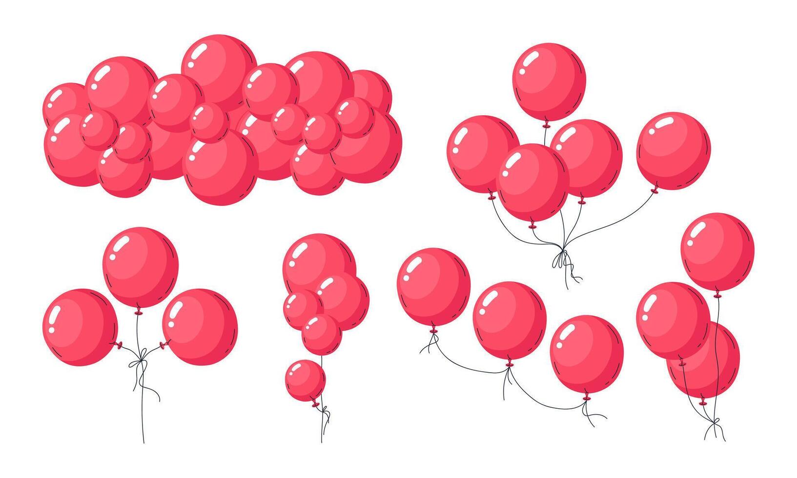 hélium rouge des ballons. flottant ballon grappes, écarlate air des ballons anniversaire fête décorations plat vecteur illustration ensemble. rouge brillant des ballons sur blanc