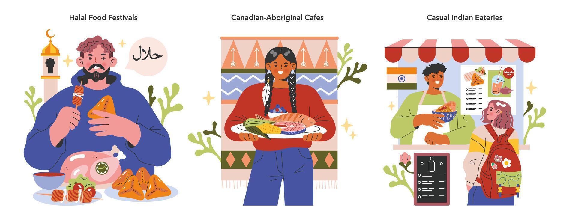 culinaire culture ensemble. savourer gourmandises à halal nourriture festivals. authentique goût offert à canadien-autochtone les cafés. profiter vibrant les saveurs à décontractée Indien restaurants. vecteur illustration