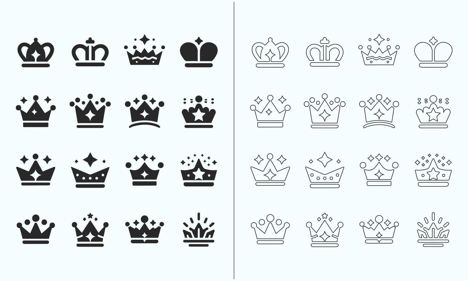 une collection de couronne Icônes représentant rois et reines, disponible dans tous les deux solide et décrit modes vecteur