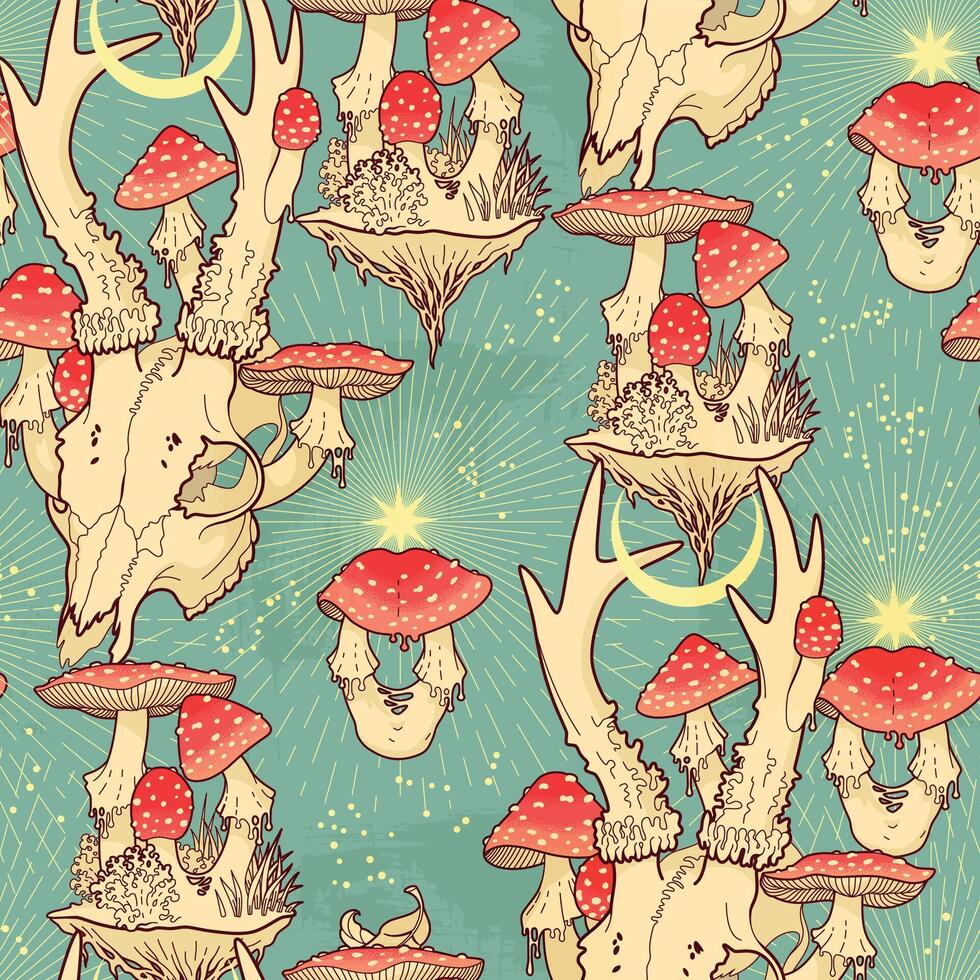 cerf crâne avec mouche agaric, enchanté forêt vecteur sans couture modèle