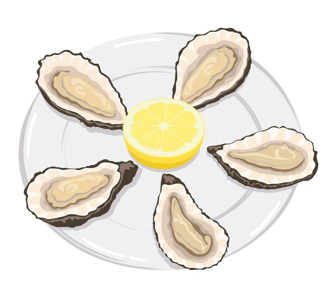 assiette avec Huîtres avec citron. Fruit de mer vaisselle dans café ou restaurant. séries de nourriture et boisson et Ingrédients pour cuisine vecteur