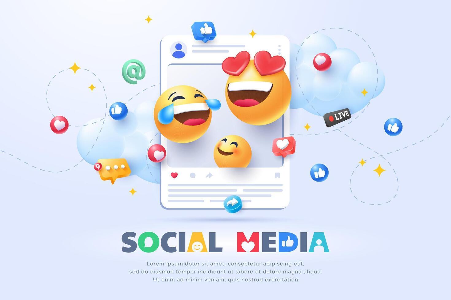 3d social médias emoji commercialisation concept illustration vecteur
