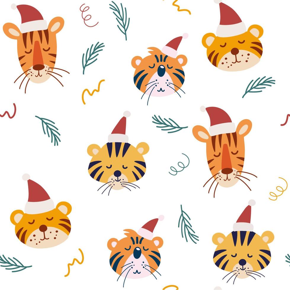 modèle sans couture de tigre de Noël mignon. museaux de tigres dans des chapeaux de noël. parfait pour les vêtements pour enfants, le tissu, le textile, la décoration de chambre d'enfant, le papier d'emballage. illustration vectorielle. vecteur