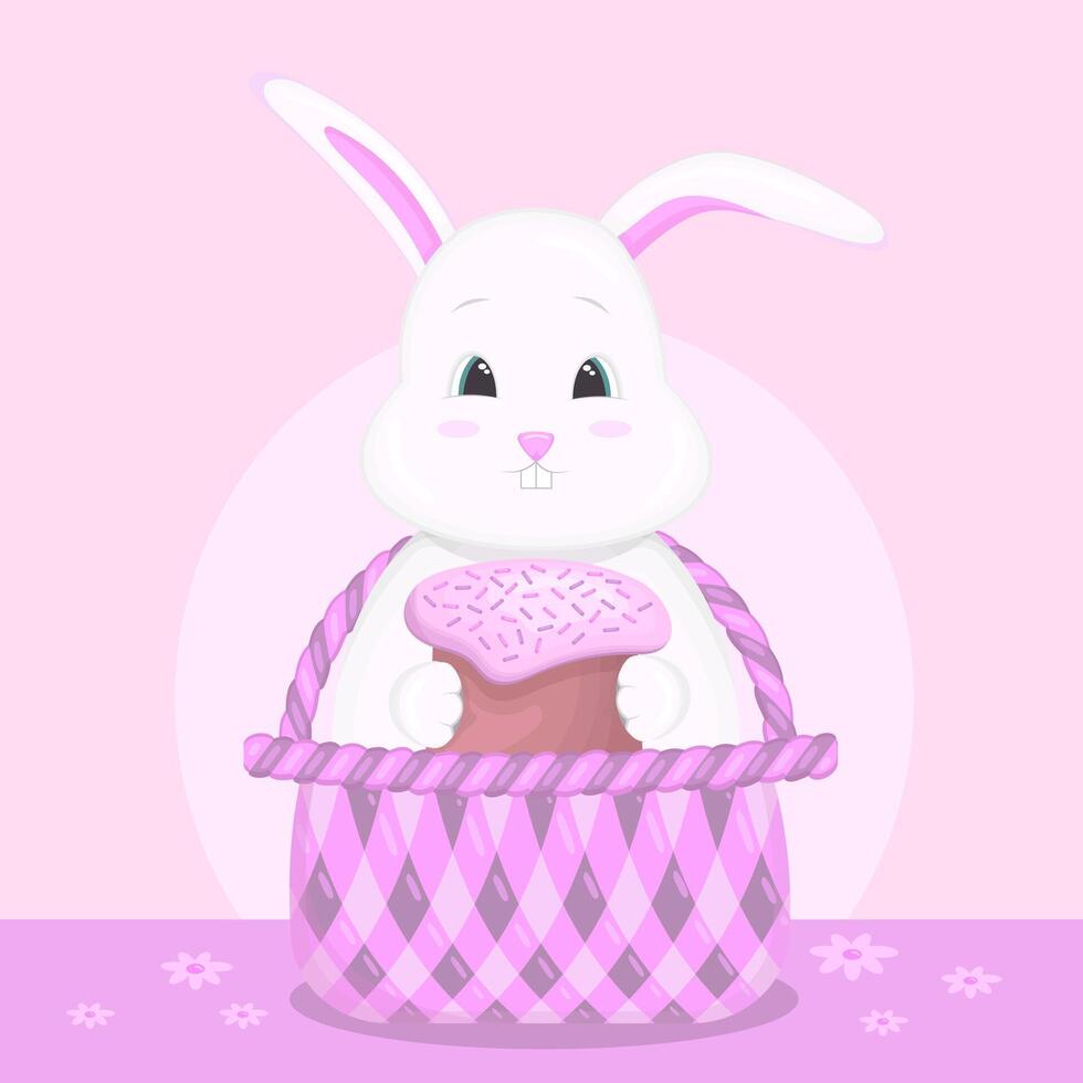 une lapin est assis dans une panier et détient un Pâques gâteau. content Pâques. vecteur illustration