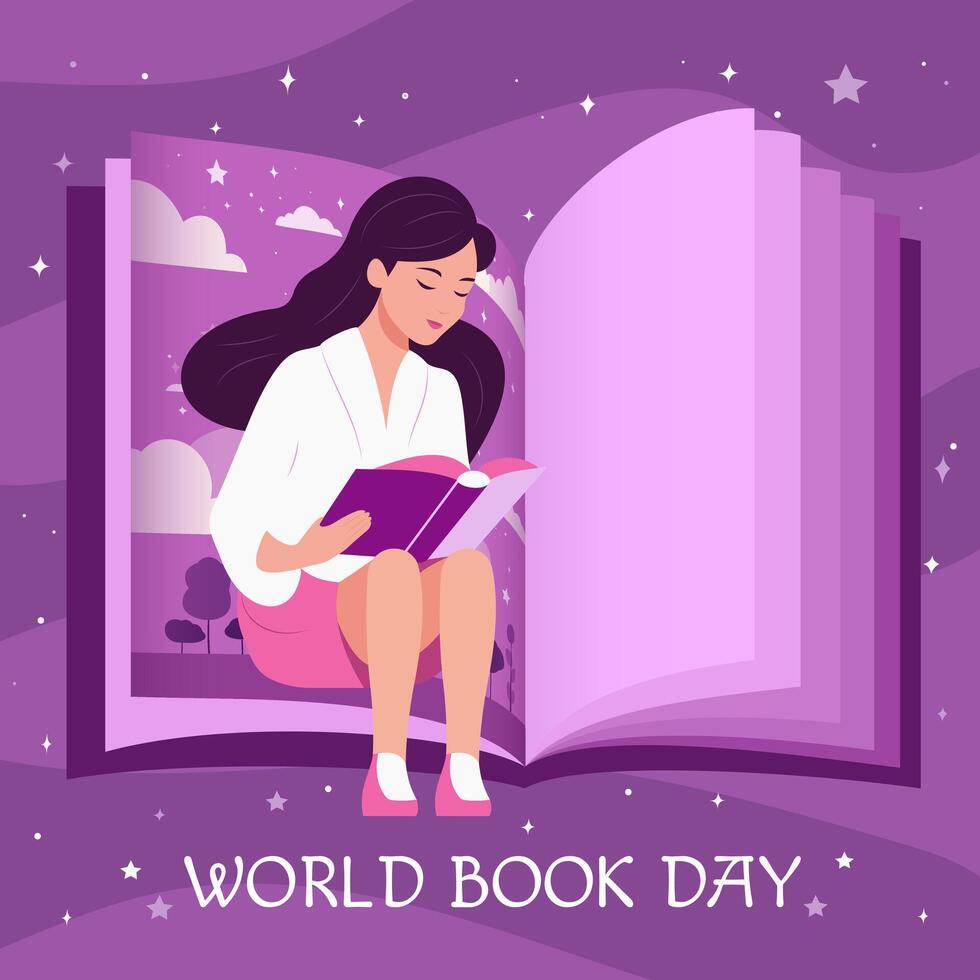 monde livre journée. une fille lit une fantaisie livre contre le Contexte de une grand livre. plat vecteur illustration