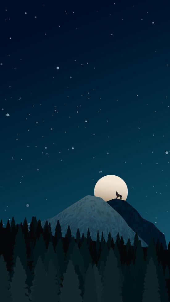 nuit de paysage de montagne avec plein lune, Loup hurlement et pins forêt vecteur illustration. randonnée thème verticale Contexte. Voyage concept de découvrir, explorant et observer la nature.
