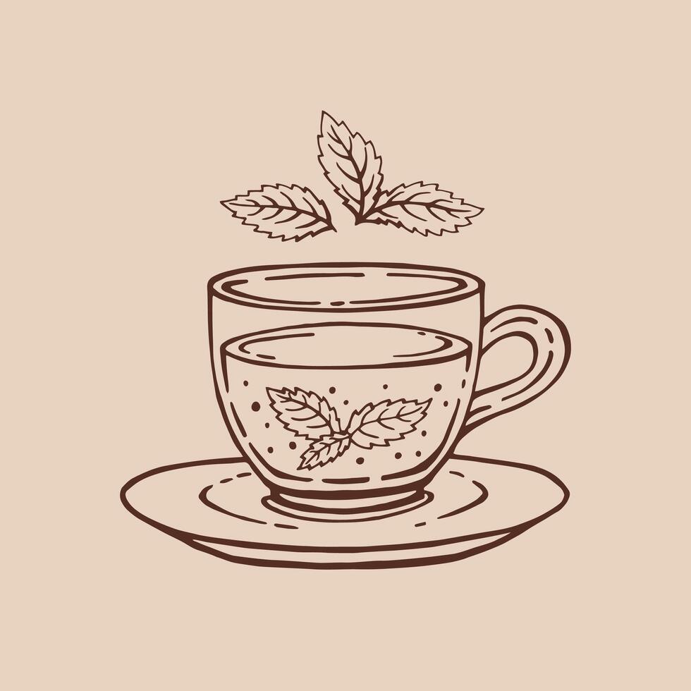 verre tasse thé, menthe feuilles. main tiré vecteur illustration dans contour style.
