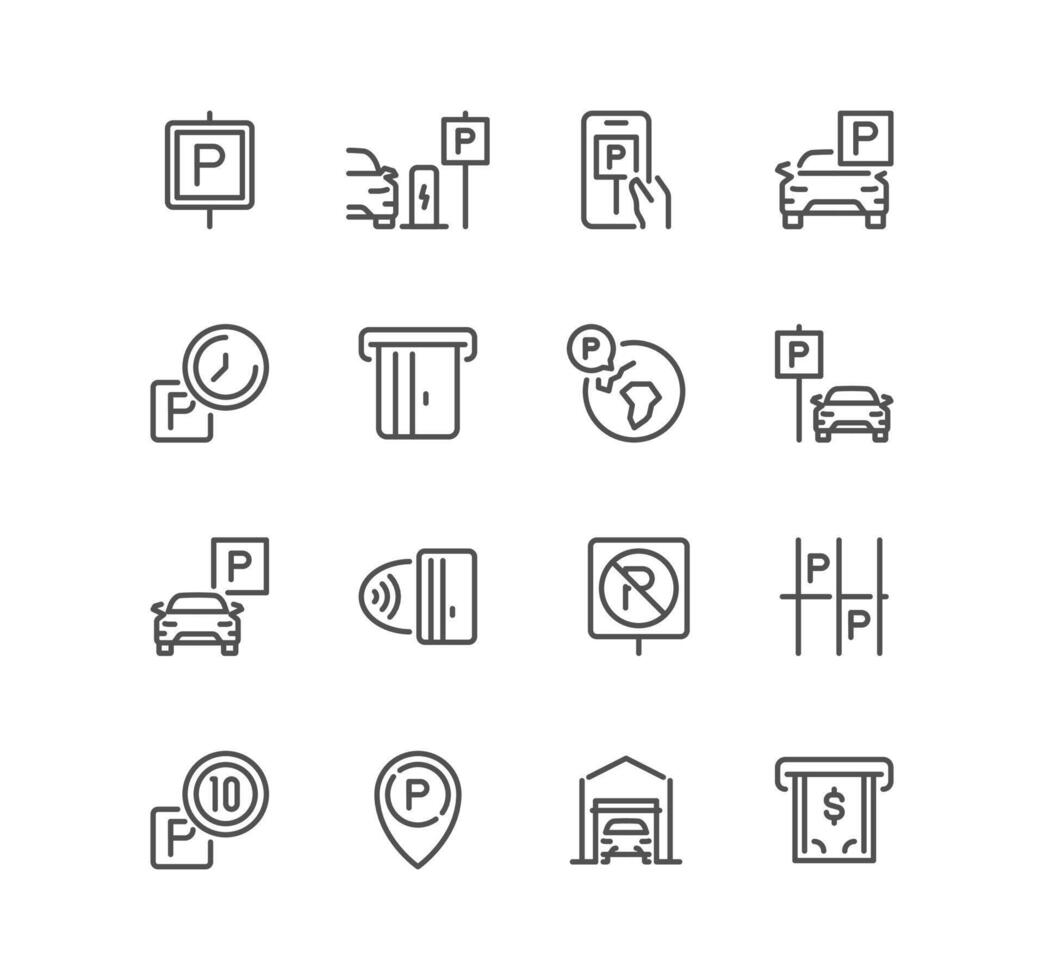 ensemble de parking en relation Icônes, parking garage, parking les espaces, voiture parc, payé, souterrain parking garage et linéaire variété vecteurs. vecteur
