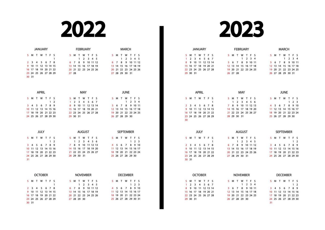 calendrier 2022, année 2023. la semaine commence le dimanche. modèle de calendrier annuel. calendrier anglais annuel. organisateur annuel au design minimaliste. orientation portrait vecteur