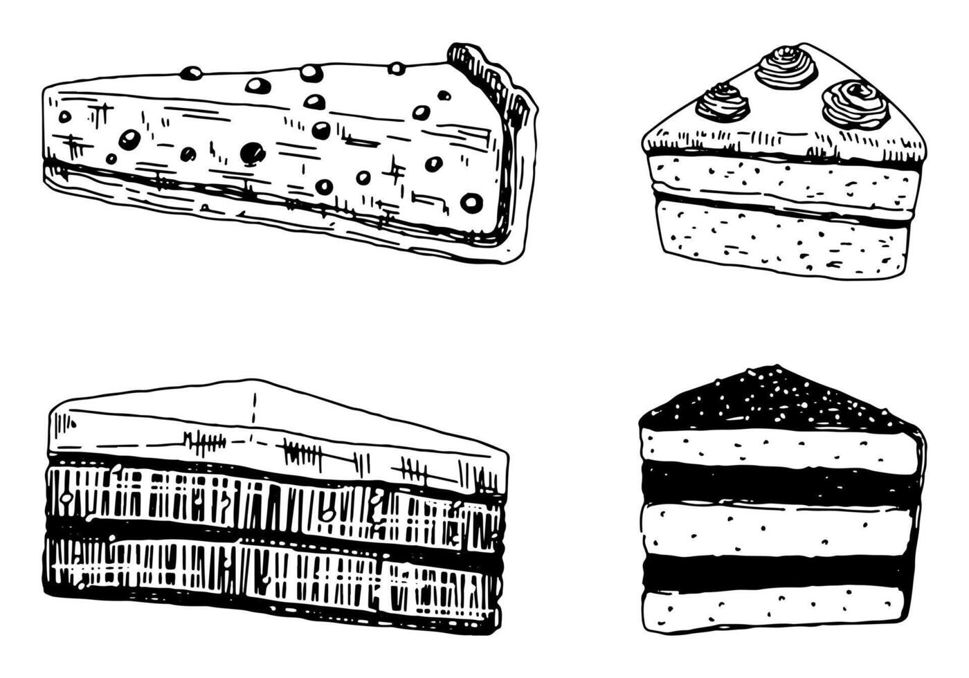 ensemble de Gâteaux croquis. collection de sucré nourriture, desserts. main tiré vecteur illustration dans rétro style. contour cliparts isolé sur blanc Contexte.