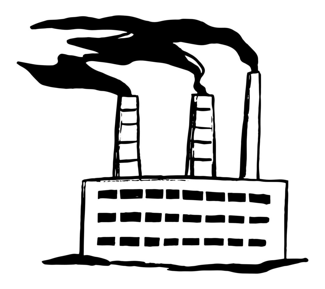 griffonnage de usine air la pollution problème. main tiré vecteur illustration. écologie thème Facile dessin isolé sur blanche. Célibataire noir contour élément pour conception