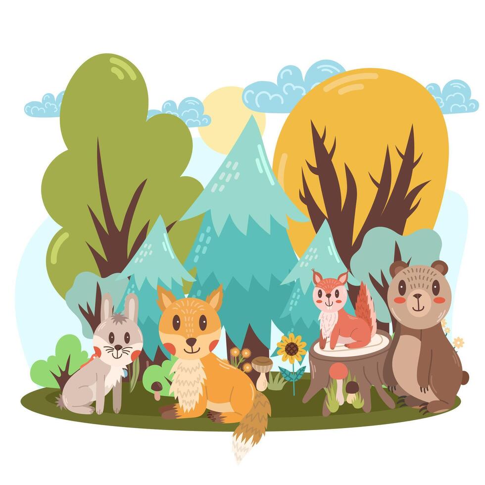 scène avec kawaii vecteur forêt animaux dans le forêt - écureuil, lapin, ours et Renard. illustration dans plat dessin animé style.