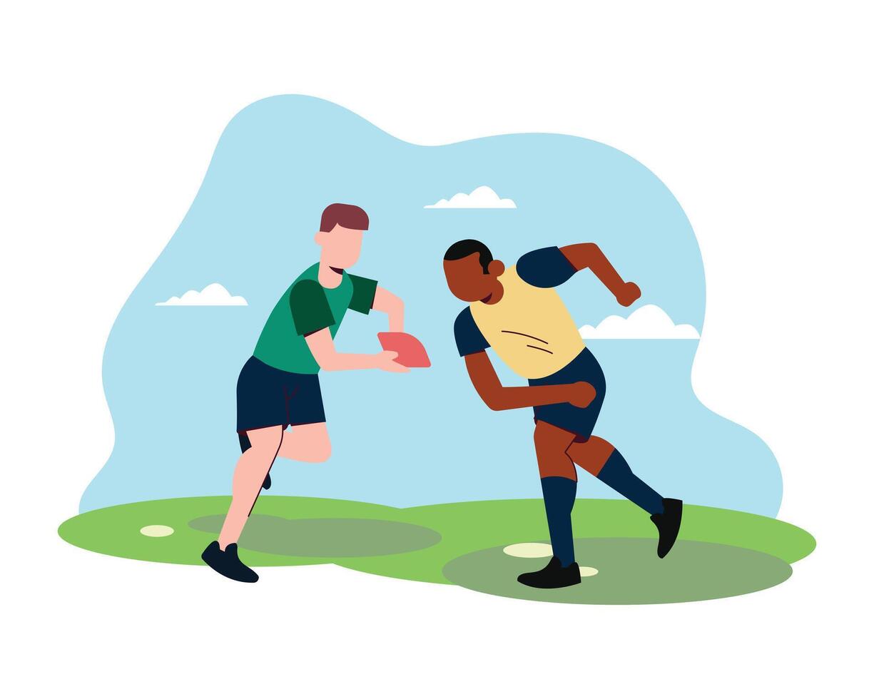 le silhouette de deux caucasien le rugby Masculin joueurs isolé sur blanc Contexte. studio coup de en forme Hommes dans mouvement ou mouvement avec balle. sauter et action concept. un incroyable souche de tout les forces. vecteur