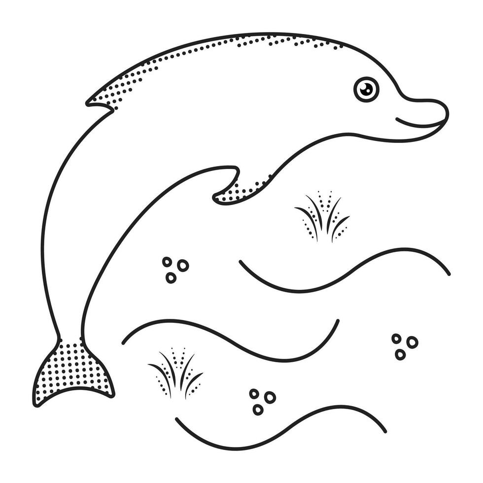 mignonne dauphin dans océan vagues, noir ligne nautique illustration vecteur